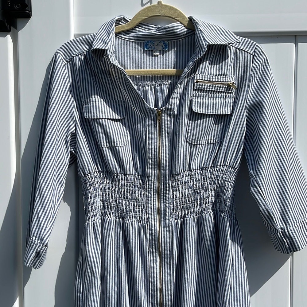 Striped Blue and White Shirt Dress - Picture 3 of 8